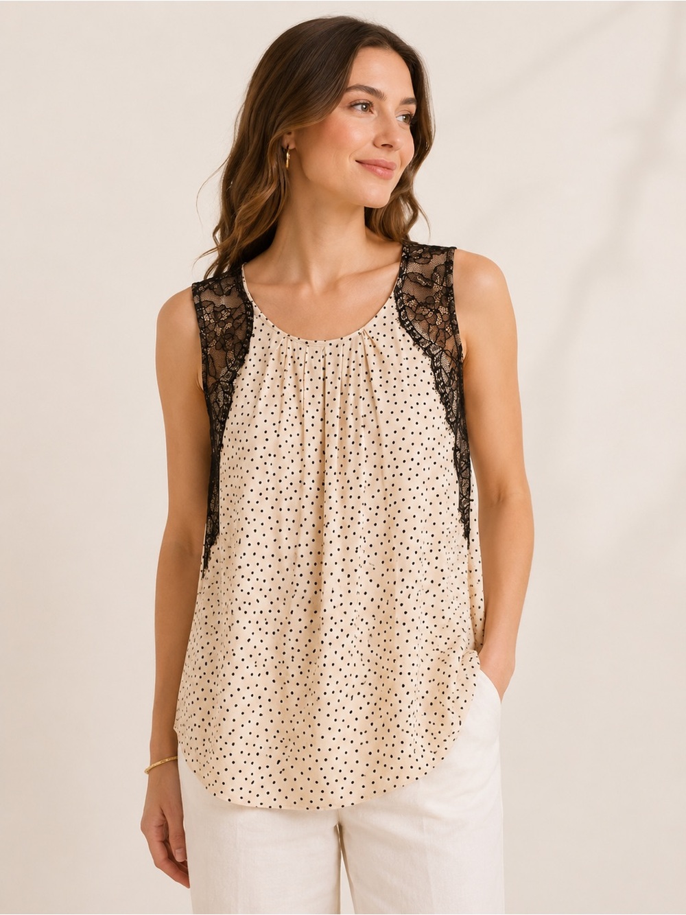 Ann Taylor LOFT Petites Polka Dot Lace Trim Sleeveless Blouse Top XSP